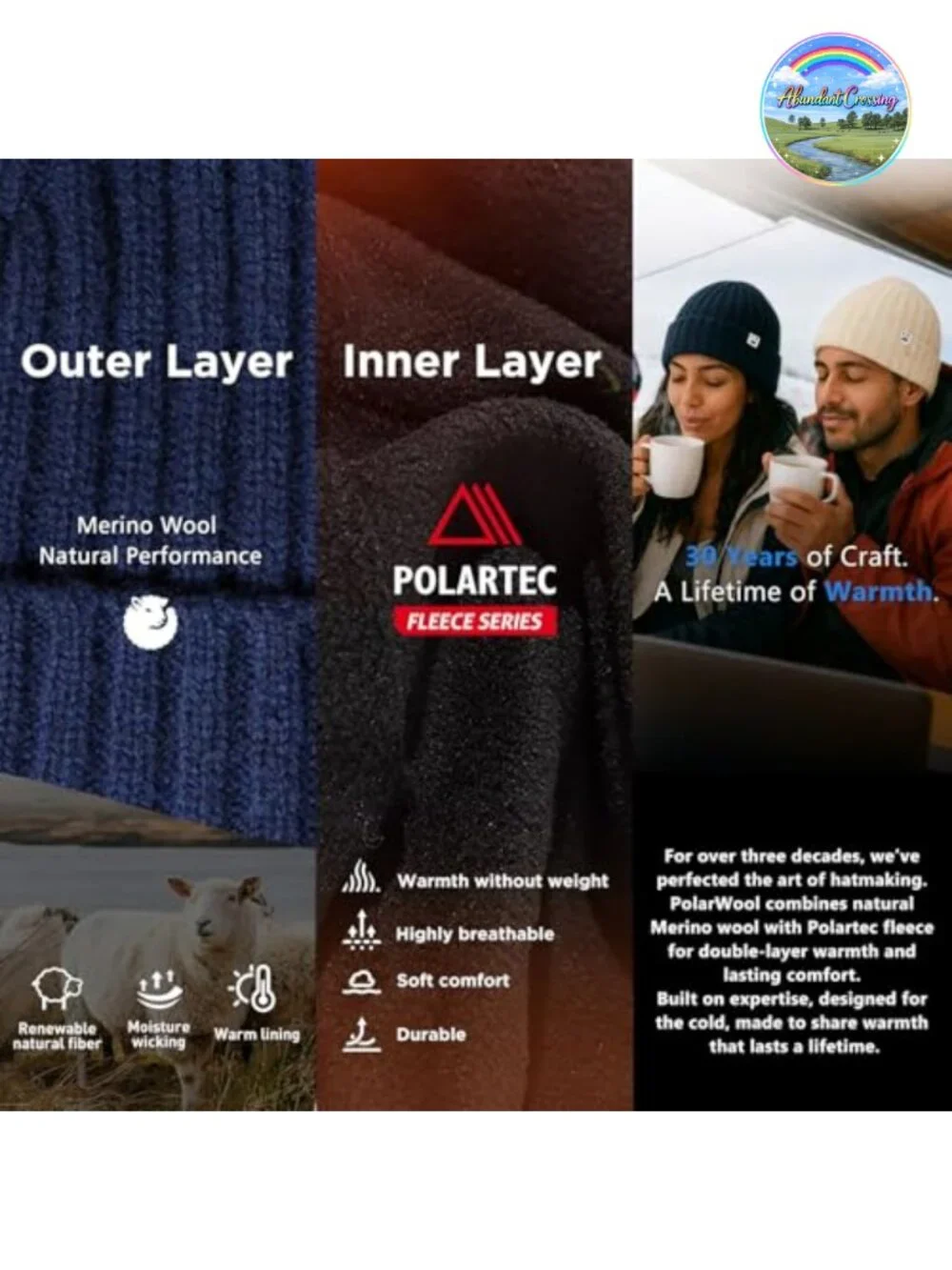 100% Merino Wool Beanie Fleece Lined Watch Cap Warm Winter Hat